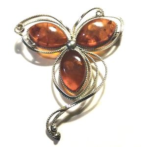 AMBER SILVER BROOCH PIN 2"
